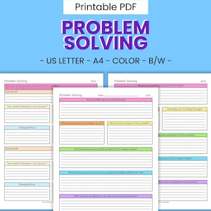 以下が含まれることがあります： 問題解決のためのカラフルなデザインの印刷可能なPDFワークシート。ワークシートには、問題の特定、解決策のブレインストーミング、各解決策の効果の評価のためのセクションが含まれています。