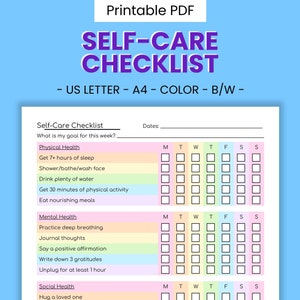 Afdrukbare checklist zelfzorg: dagelijkse gewoonte-tracker, wekelijkse geestelijke gezondheid, motiverend gedragsbeheer, therapieplanner-werkblad pdf
