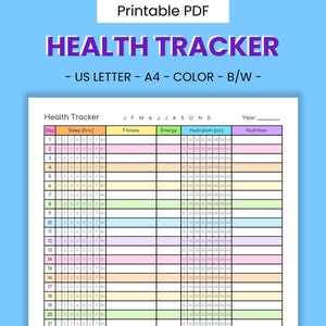 May include: A printable PDF health tracker with a colorful design. The document includes sections for tracking sleep, fitness, energy, hydration, and nutrition. The text "HEALTH TRACKER" is in large, purple letters. The document is available in US Letter and A4 sizes, and in color or black and white.