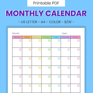 May include: A printable monthly calendar template in US Letter or A4 size. The calendar has a colorful design with pink, yellow, blue, and green squares for each day of the week. The calendar also includes sections for reminders and reflections.