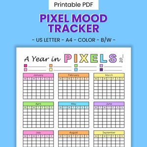以下が含まれることがあります： ピクセル調のデザインで、1 年間の気分を記録できる印刷可能な気分トラッカーです。トラッカーは 12 か月に分けられており、各月は異なる色で表示されます。月は、1 月、2 月、3 月、4 月、5 月、6 月、7 月、8 月、9 月、10 月、11 月、12 月です。各月は、気分を記録するための正方形のグリッドがあります。