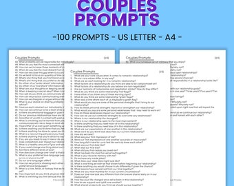 May include: Printable PDF titled "Couples Prompts" with the text "-100 Prompts - US Letter - A4 -". The image shows two pages of prompts for couples, with questions about relationships. The background is a light blue color.