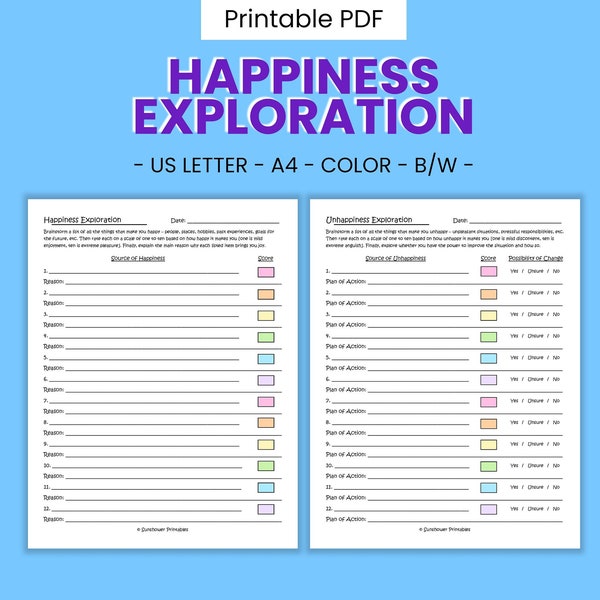 Happiness Exploration Printable Worksheets - Self Reflection Journal Prompts, Depression Therapy Aid, Emotional Regulation, Digital Download