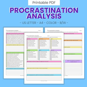 Procrastination Analysis Printable Worksheets - ADHD Behavior Management, Perfectionism Anxiety Aid, Focus Journal Prompts, Downloadable PDF