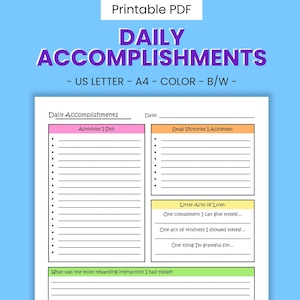 Daily Accomplishments Printable Journal Page - Gratitude Reflections, Life Achievements & Success, Mindfulness Routine, Digital Download