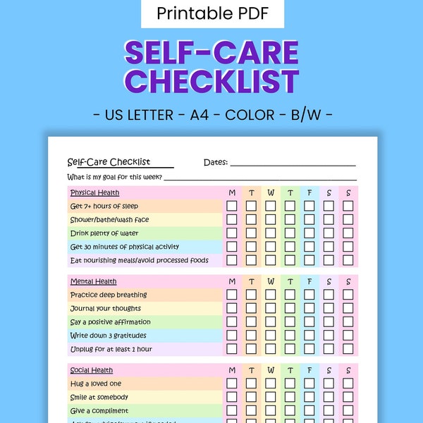 Weekly Self Care Printable Checklist - Daily Habit Tracker, Depression Therapy Self Help, Motivating Behavior Management, Digital Download