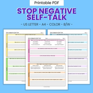Stop Negative Self-Talk Printable Worksheets - Thought Therapy, Positive Thinking Practice, Affirmation Journal Prompts, Digital Download