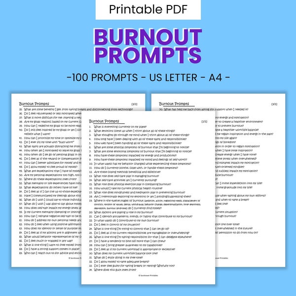 Burnout Journal Writing Prompts - 100+ Printable Questions, Work Life Balance, Fatigue & Motivation Recovery, Inspirational Digital Download