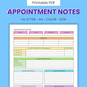 Op de afbeelding: Afdrukbare PDF-afsprakennotities met secties voor datum, tijd, arts, locatie, symptomen, behandelingen, gezondheidsmetingen, aangepakte problemen en discussienotities. Beschikbaar in US Letter- en A4-formaten, in kleur of zwart-wit.