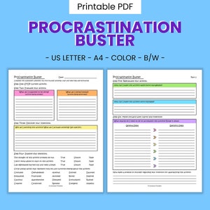 May include: A printable procrastination buster worksheet in pink, green, and yellow with sections for identifying triggers, exploring emotions, and discovering intentions. The worksheet includes the text "Procrastination Buster" and "US Letter - A4 - Color - B/W - ".