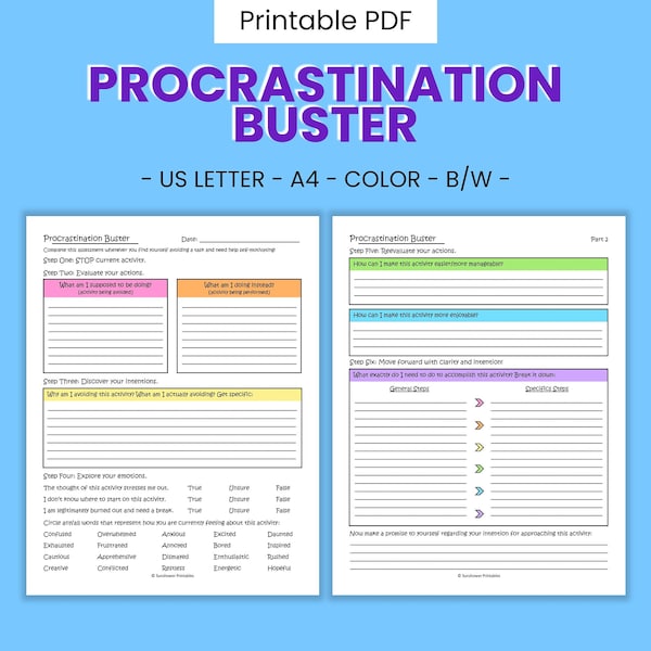 Procrastination Buster Printable Worksheets - ADHD Focus Productivity, Overcome Anxious Avoidance, Task Management Prompts, Digital Download