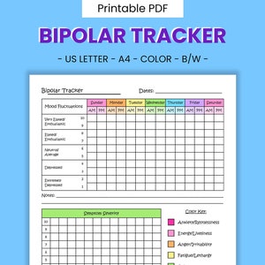 Bipolaire stoornis afdrukbare stemmingstracker - symptoomregistratie, manie- en depressiebeheer, persoonlijke emotieregulatie, digitale download-PDF