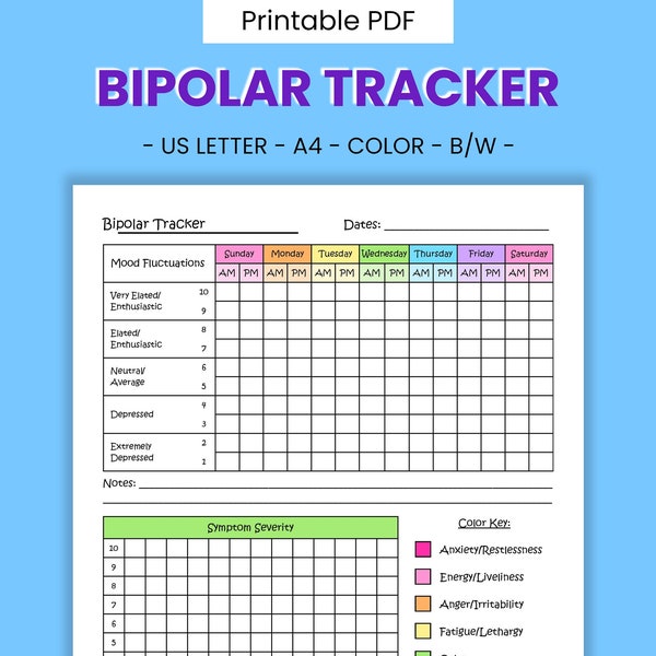 Bipolar Disorder Printable Mood Tracker - Symptom Record, Mania & Depression Management, Personal Emotion Regulation, Digital Download PDF