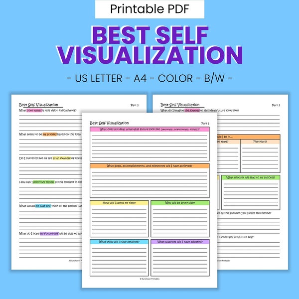 Best Self Visualization Printable Worksheets - Manifest Success Journal, Future Goal Prompts, 2024 Healthy Living Habits, Digital Download