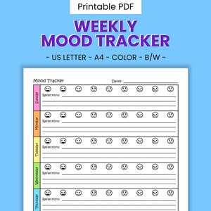 Stemming en emotie afdrukbare tracker - dagelijks gevoelsbeheer, wekelijks dagboek voor geestelijke gezondheid, dagboek voor emotie-wellnesstherapie, digitale download