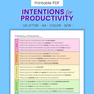 List of Productivity Intention Statements - Printable Goal Inspiration, Work & Focus Motivation, Self-Help Action Phrases, Digital Download