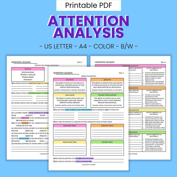 Attention Analysis Printable Focus Worksheets - Productivity Evaluation, Self-Betterment Prompts, Concentration Journal, Digital Download