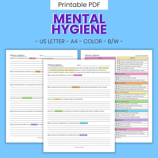 Mental Hygiene Printable Therapy Worksheets - Self-Care Schedule, Emotional Wellbeing, Depression Behavior Management, Digital Download