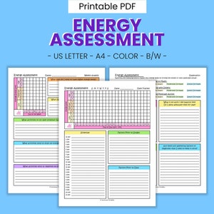 May include: Printable PDF document titled "Energy Assessment" with a grid for tracking energy levels throughout the day. The document includes sections for recording factors that influence energy levels, such as sleep, meals, and exercise.