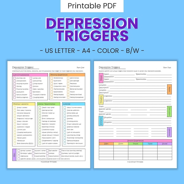 Depression Triggers Printable Checklist - Self Awareness Worksheet, Mental Health Questionnaire, Self Help Journal Prompts, Digital Download