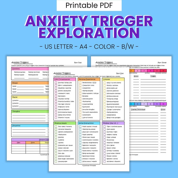 Anxiety Trigger Exploration Printable Worksheets - Panic Attack Coping, Self Help Journal, Stress Relief Guided Therapy, Digital Download