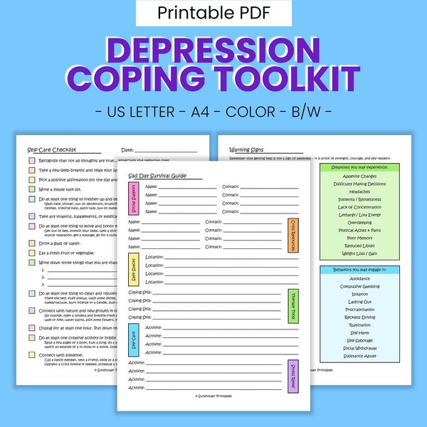 Depression Toolkit Printable Coping Worksheets - Mental Health Therapy, Self Help Journal, Emotion Processing & Management, Digital Download