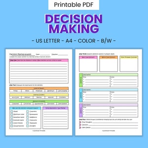 Może przedstawiać: Drukowana karta pracy do podejmowania decyzji w formacie US Letter lub A4. Karta pracy jest podzielona na trzy sekcje: Analiza podejmowania decyzji, Drzewo decyzyjne i Plan budowania zaufania. Karta pracy została zaprojektowana, aby pomóc użytkownikom w podejmowaniu świadomych decyzji poprzez analizę znaczenia decyzji, identyfikację zalet i wad oraz opracowanie planu osiągnięcia swoich celów.