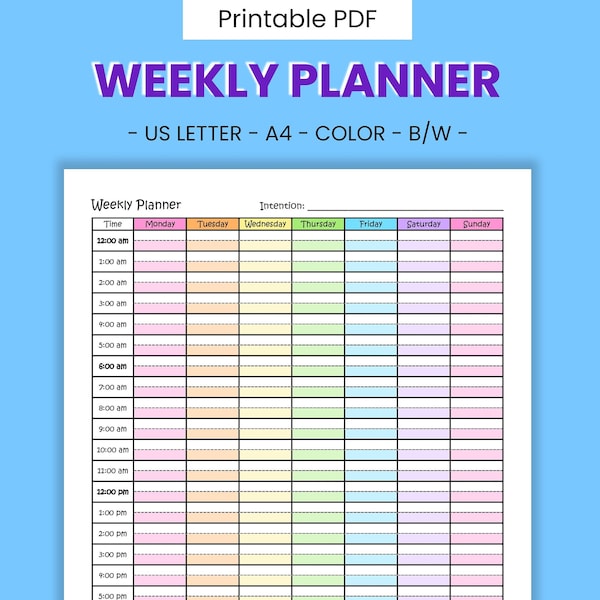Printable 24-hour Interval Weekly Planner - Daily Agenda, Productivity & Time Management, Calendar Page, Habit Tracker, Instant Download PDF