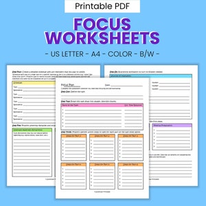 Focus Plan Printable Worksheets - Productivity & Procrastination Management, ADHD Attention Self Help, Goal Planner, Digital Download