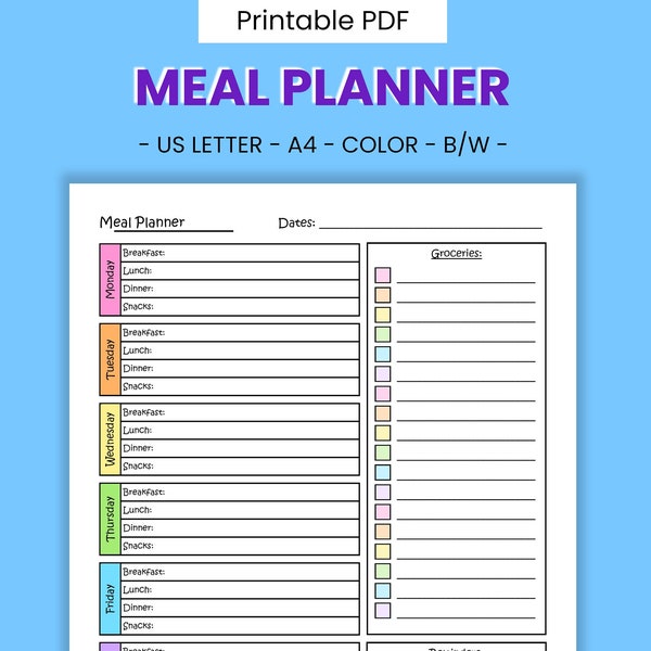 Meal Planner Printable Diet Journal - Nutrition Record, Weekly Food Prep, Grocery Recipe List, Weight Loss & Health Diary, Digital Download