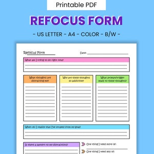 Refocus Form Printable Worksheet - Productivity & Procrastination, Attention Improvement, Focus Aid, Task Management, Digital Download PDF