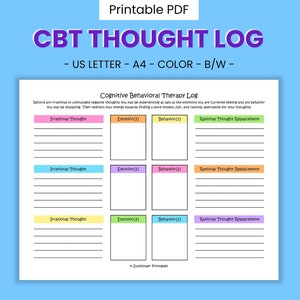 Könnte beinhalten: Ein druckbares Arbeitsblatt für ein kognitives Verhaltenstherapie-Logbuch im US-Letter-Format. Das Arbeitsblatt ist in vier Spalten unterteilt: Irrationale Gedanken, Emotion, Verhalten und Rationaler Gedankenaustausch. Jede Spalte hat linierte Bereiche zum Schreiben.