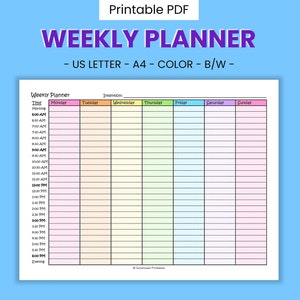 Printable 12-Hour Interval Weekly Planner - 30 Minute Agenda, Daily Increment Schedule, Time Management & Productivity, Instant Download PDF