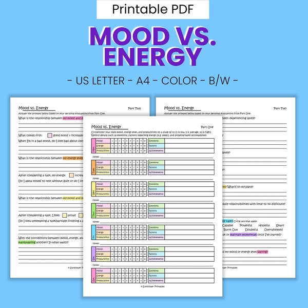 Mood vs Energy Printable Worksheets - Emotion Exploration Prompts, Productivity Tracking Planner, Self Help Journaling, Digital Download