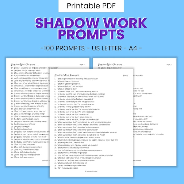 Shadow Work Journal Writing Prompts - 100+ Printable Questions, Unconscious Exploration, Past Trauma Coping, Self Discovery Digital Download