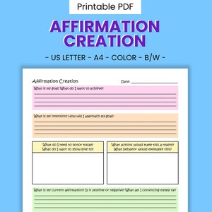 Foglio di lavoro per terapia stampabile per la creazione di affermazioni: potenzia l'autostima, affermazioni positive sul dialogo interiore, ottimismo e fiducia, download digitale
