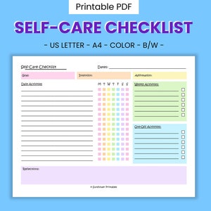 Self Care List Printable Habit Tracker - Daily To Do, Weekly Goals, Self Love Worksheet, Mental Health Journal Page, Digital Download PDF