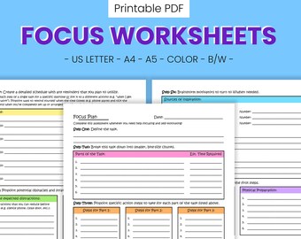 Focus Plan Printable Worksheets - Productivity & Time Management, ADHD Coping Aid, Goal Planner, Procrastination Self Help, Digital Download