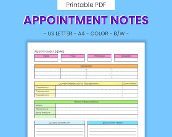 Doctors Appointment Printable Note Taking - Medical Record, Symptom Management, Treatment Plan, Health & Wellness Template, Digital Download