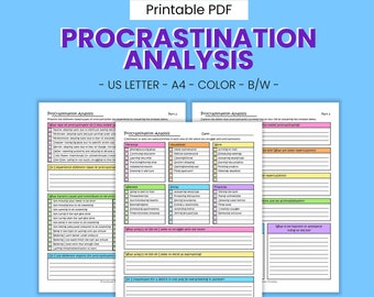 Procrastination Analysis Printable Worksheets - ADHD Behavior Management, Perfectionism Anxiety Aid, Focus Journal Prompts, Downloadable PDF
