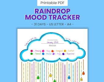 Raindrop Printable Mood Tracker - Monthly Coloring Page, Daily Emotion Coping & Management, Depression Self Care Journal, Digital Download