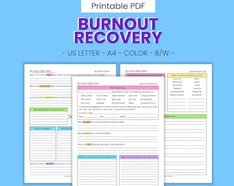 Burnout Recovery Printable Therapy Worksheets - Self-Help Journal Prompts, Work & Goal Fatigue, Mindfulness Practice, Digital Download PDF