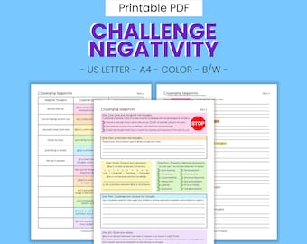 Challenge Negative Thinking Printable Worksheets - Boost Self-Esteem, Cognitive Distortion Awareness, Pessimism & Optimism, Instant Download