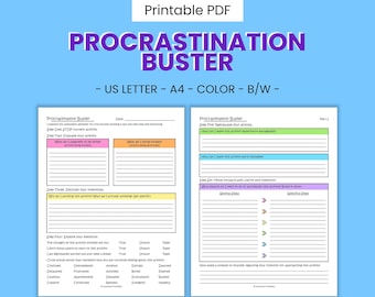 Procrastination Buster Printable Worksheets - ADHD Focus Productivity, Overcome Anxious Avoidance, Task Management Prompts, Digital Download