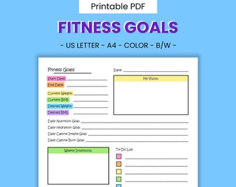 Pagina del diario per l'impostazione degli obiettivi di fitness: intenzioni quotidiane stampabili, monitoraggio delle abitudini, salute fisica e routine di esercizi, download digitale PDF