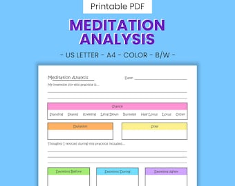 Meditation Analysis Printable Journal Page - Health & Wellness Evaluation, Mindfulness Prompts, Anxiety Stress Relief, Digital Download PDF
