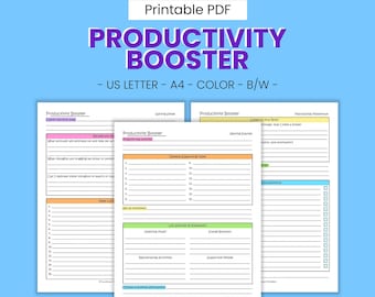 Productivity Booster Printable Worksheets - Time Management, Student & Work Focus, Procrastination Aid, ADHD Self Help, Digital Download PDF
