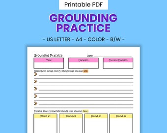 Hoja de trabajo de terapia imprimible de práctica de conexión a tierra: regulación de las emociones, ataque de pánico y afrontamiento de la ansiedad, autoayuda de disociación, descarga digital
