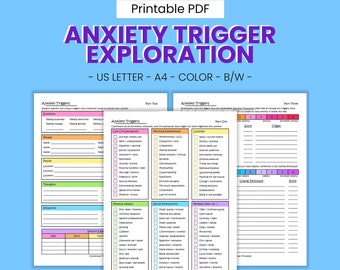 Anxiety Trigger Exploration Printable Worksheets - Panic Attack Coping, Self Help Journal, Stress Relief Guided Therapy, Digital Download