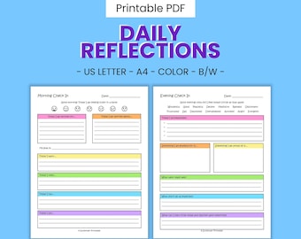 Pagine del diario di riflessione quotidiana - Check-in stampabile, suggerimenti mattutini e serali, benessere emotivo, gestione dell'umore, download digitale PDF